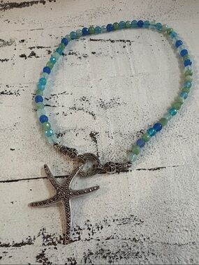 Beaded Blue-Green Starfish Pendant Necklace